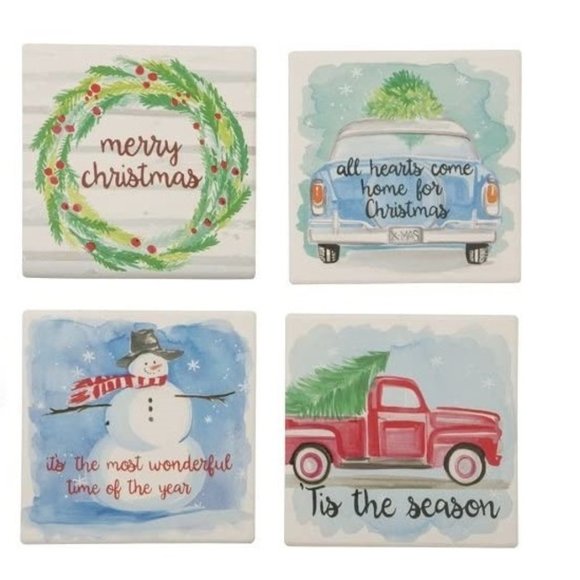 Primitives by Kathy Christmas Stoneware Coaster Set with Wire Holder - Picture 2 of 2